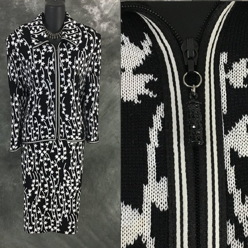 BEAUTIFUL St John collection knit black white jacket skirt suit size 12 14